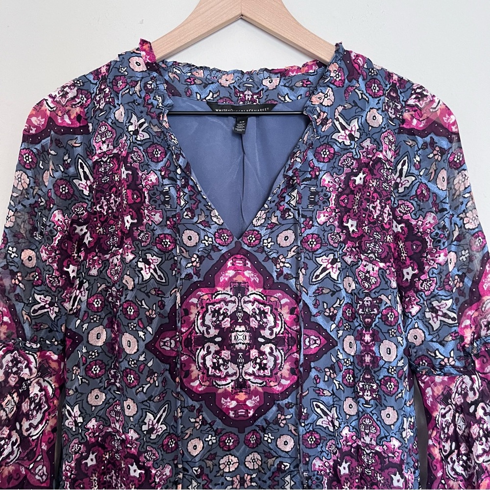 White House Black Market Medallion Floral Shift Dress Bell Sleeves XS Boho - Picture 4 of 14